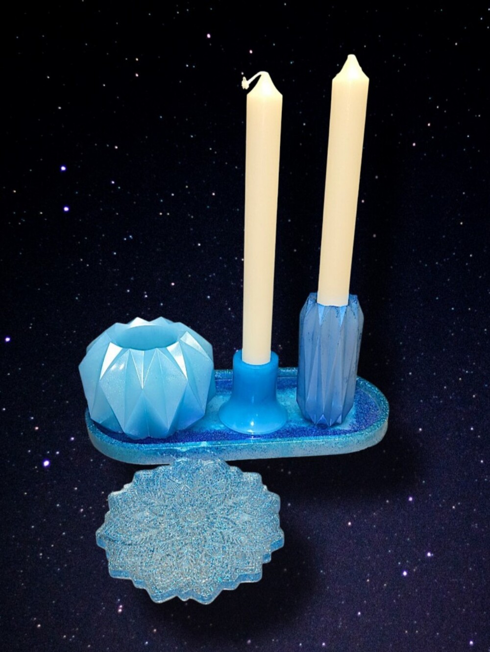Blue Decorative Candle Holder Set with Tray 5 Pieces